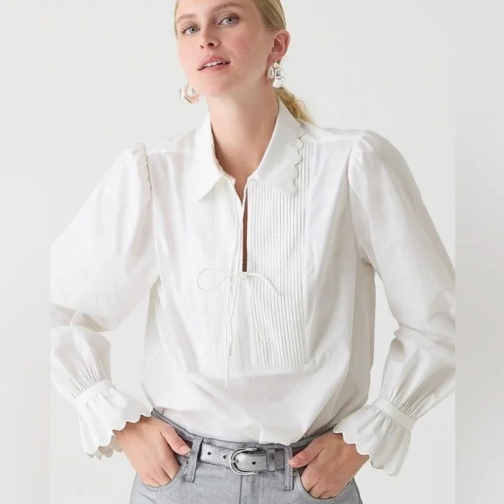 J Crew Poplin Top L NWT Scalloped Popover Top Cotton White